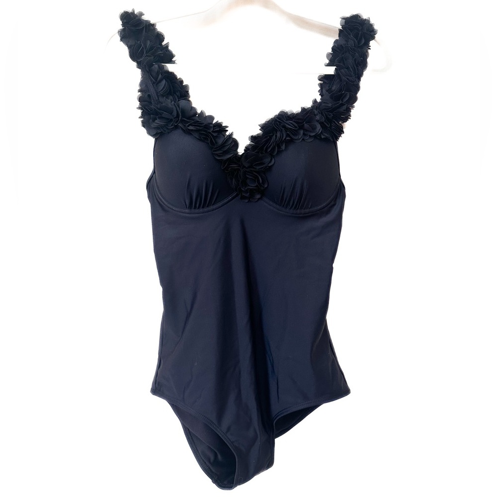 Chicwish Swimsuit One Piece 3D Flower Straps And Neckline Padded Cups Black